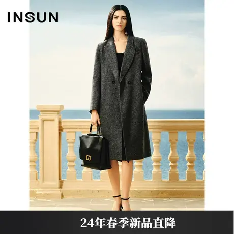 INSUN恩裳线上专选2024春款气质戗驳领长西装羊毛大衣图片