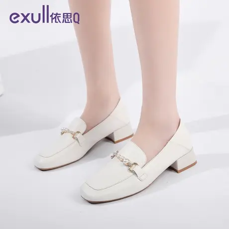 依思q单鞋2024年春季新款女鞋软底粗跟白色小皮鞋英伦方头女鞋子商品大图