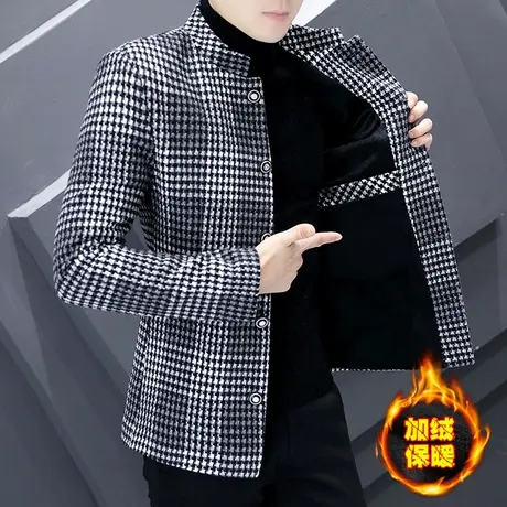 中山装西装男士秋冬季立领加绒加厚夹克潮流男装中式呢子西服外套商品大图