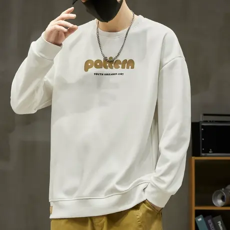 秋季潮牌印花白色圆领卫衣春秋款无帽重磅情侣装长袖上衣秋天男装商品大图