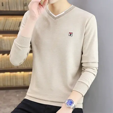 长袖男v领t恤秋季新款2023年百搭潮流上衣服秋装潮牌卫衣打底小衫商品大图