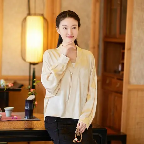 素飞中式衬衫女2023年新款夏设计感日常文艺休闲温柔系穿搭上衣图片
