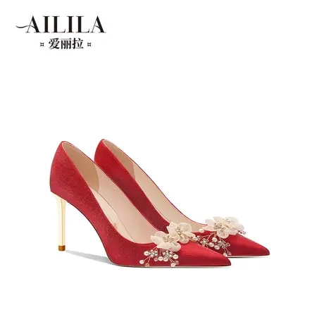 爱丽拉酒红色新娘主婚鞋女2023新款绸缎秀禾服高跟鞋不累脚高级感商品大图