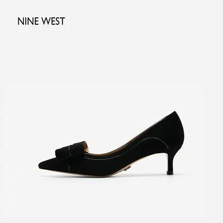 Nine West/玖熙尖头蝴蝶结浅口单鞋2023秋新款羊反绒甜美风高跟鞋图片