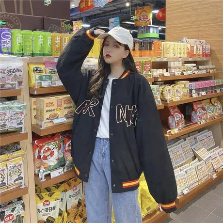 春装2021灯芯绒款ins复古学生情侣夹克黑色宽松bf棒球服外套女潮商品大图