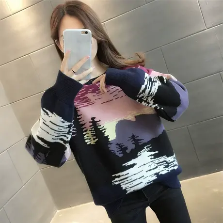 风景画提花毛衣女圆领套头2023秋冬新款女装宽松针织打底上衣百搭图片