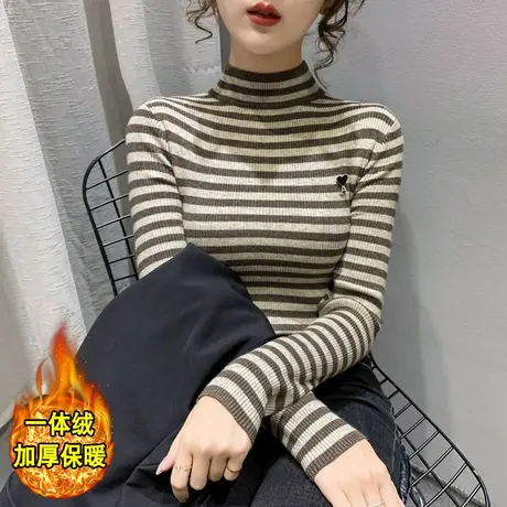 加绒半高领打底衫加厚条纹毛衣女套头2023秋冬新款针织衫内搭上衣图片