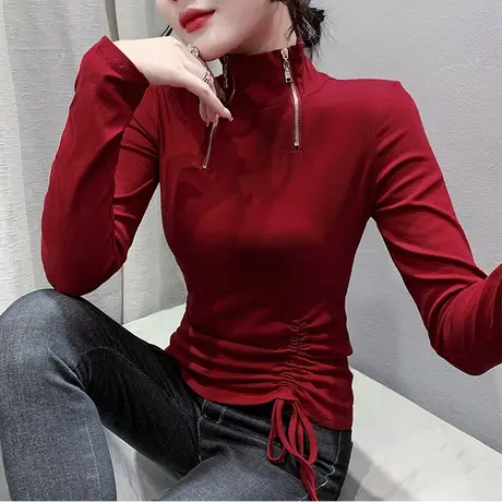 半高领打底衫女内搭春秋新款时尚拉链T恤长袖洋气设计感抽绳上衣商品大图