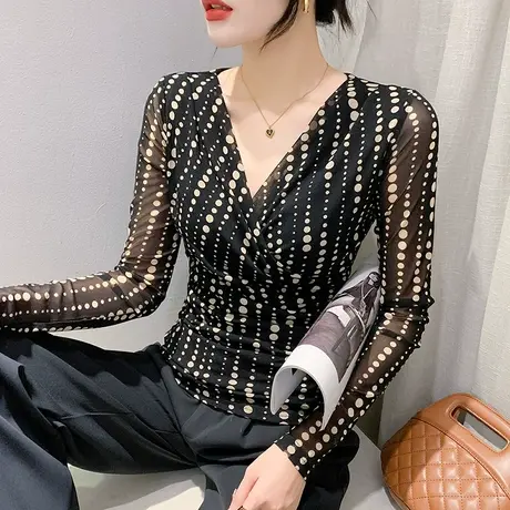 复古印花打底衫女长袖2023初秋新款性感V领网纱T恤修身内搭上衣潮商品大图