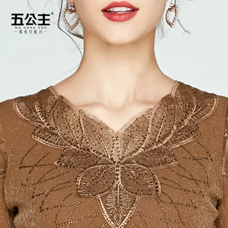 五公主V领蕾丝打底衫秋新款时尚内搭女装网纱长袖低领洋气上衣薄图片