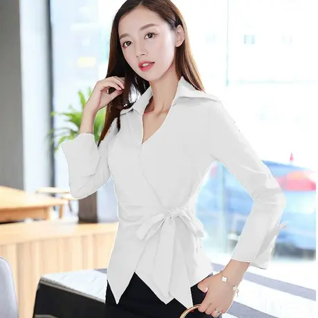 白色衬衫女2023秋装新款韩版修身衬衣韩范长袖设计感小众收腰上衣图片