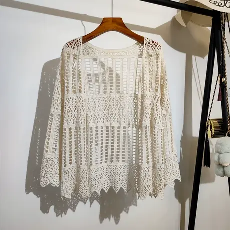 勾花镂空针织开衫女夏季新款外穿海边度假风波西米亚长袖防晒上衣商品大图