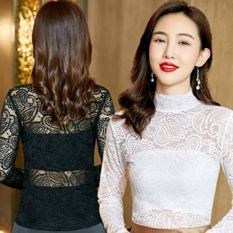 芙黛怡2022新款蕾丝镂空打底衫时尚洋气内搭修身显瘦长袖半高领女图片