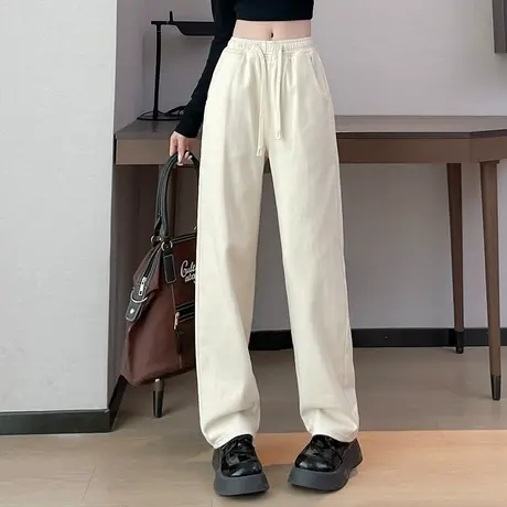 米白色阔腿牛仔裤女春秋2023新款休闲裤子春季女裤宽松高腰直筒裤商品大图
