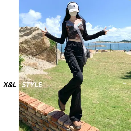 美式工装休闲微喇叭裤女秋季2023新款设计感辣妹垂感拖地马蹄裤子图片