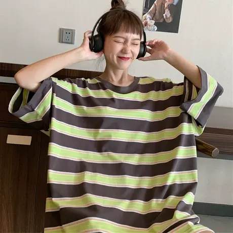 网红港风条纹短袖t恤女夏2020韩版宽松原宿风半袖ins超火上衣服潮商品大图