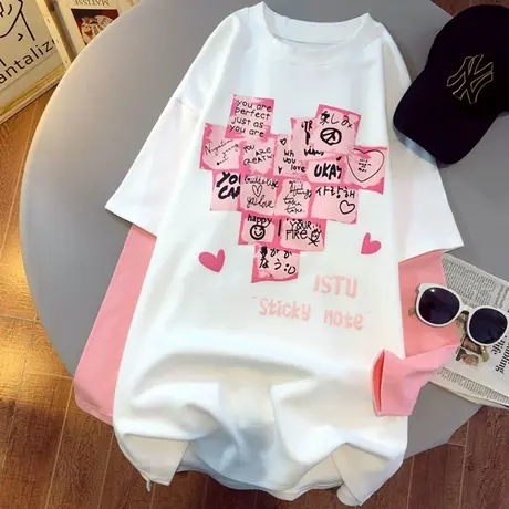 假两件长袖t恤女中长款春秋大码外穿宽松韩版ins设计感小众上衣服商品大图