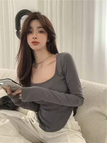 春秋紧身短款性感低领辣妹T恤女装不规则修身长袖内搭打底衫上衣商品大图