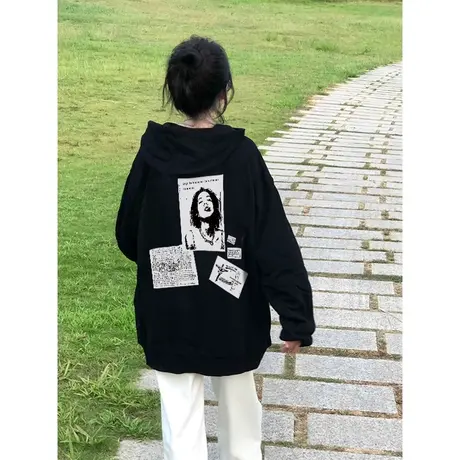 oversize设计感连帽卫衣女2022新款秋冬加绒加厚ins潮牌宽松外套图片