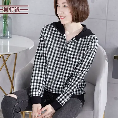 冬季黑白格子连帽打底衫2023胖MM妈妈长袖T恤女装韩版宽松上衣图片
