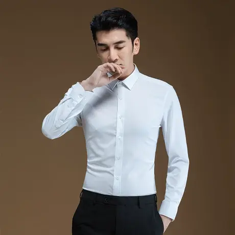 POWO暗条纹白衬衫男士长袖商务职业正装衬衣修身韩版2023秋季新款商品大图