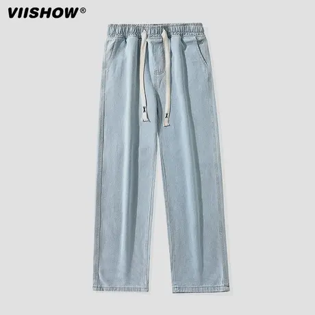 VIISHOW美式街头做旧抽绳松紧腰牛仔裤男女潮牌宽松直筒百搭长裤商品大图