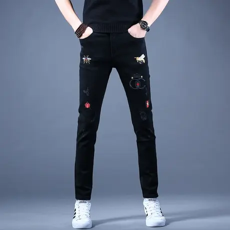 男士刺绣黑色牛仔裤男款秋款新款潮牌修身小脚裤子男休闲美式高街商品大图