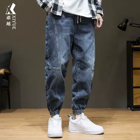 希越2023秋季新款牛仔裤男复古拼接束脚裤宽松大码胖子秋冬九分裤商品大图