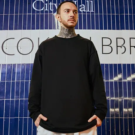 黑色长袖T恤潮牌春秋款宽松纯棉打底衫圆领套头纯色内搭大码男装商品大图