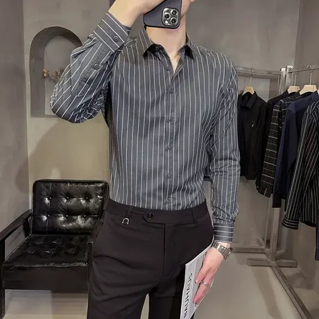 高级感衬衫男春秋季男装长袖2021早秋新款潮流商务轻熟风条纹衬衣商品大图