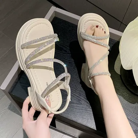 网红厚底水钻粗跟露趾凉鞋女2023夏季新款仙女风百搭时尚罗马鞋潮商品大图