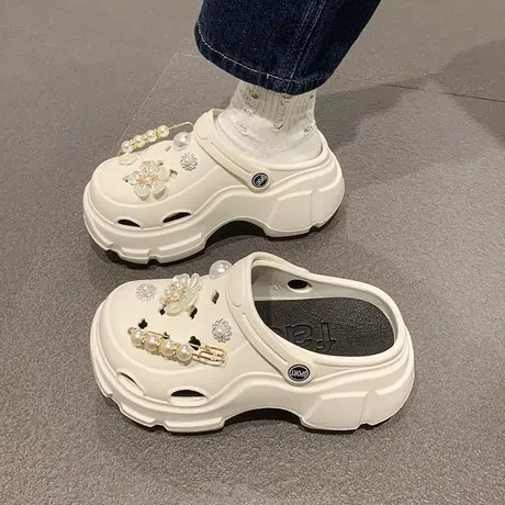 洞洞鞋凉鞋女ins潮时尚花朵珍珠厚底高跟防滑包头夏季两穿凉拖鞋商品大图