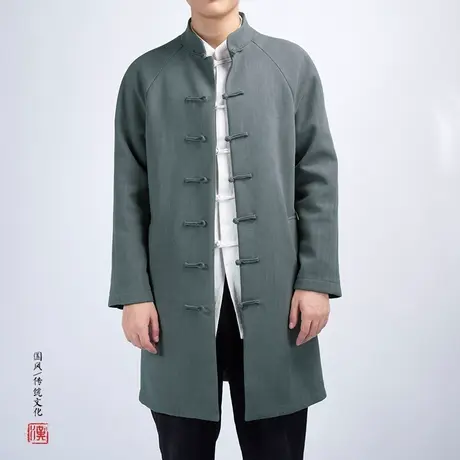 传统中式男装中国风宽松长袍风衣麻料复古风中长款盘扣唐装外套男图片