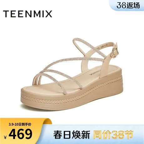 天美意闪钻一字带坡跟凉鞋女外穿厚底时装凉鞋夏新款CKV02BL4图片
