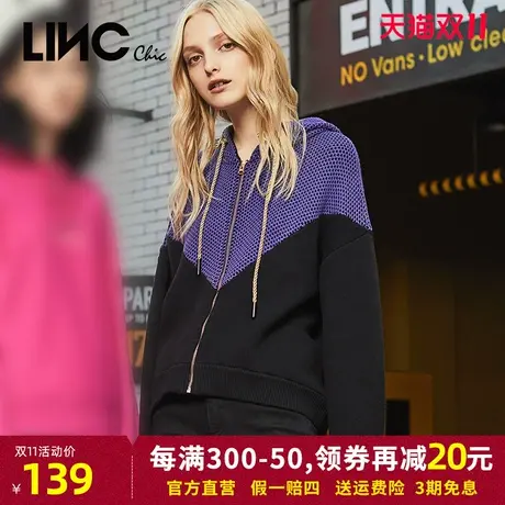 LINC金羽杰针织衫女2023年秋季新款拼接撞色连帽套头宽松长袖毛衣商品大图