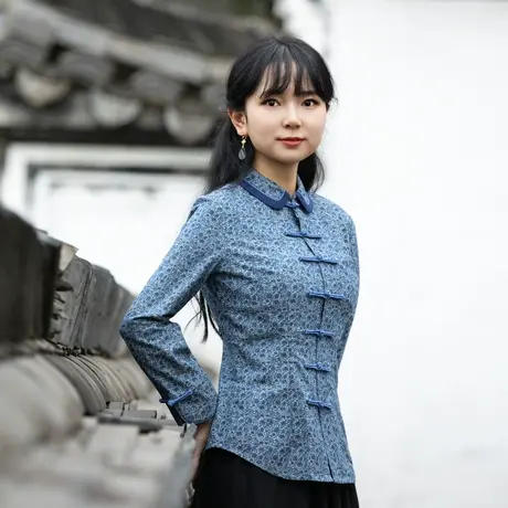 筠雅唐装女中国风新款2023年轻款休闲佛系中式盘扣上衣茶服旗袍商品大图