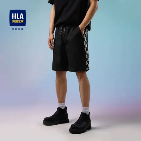 HLA/海澜之家松紧腰牛仔中裤2023春夏新款侧边格子印花宽松短裤男商品大图