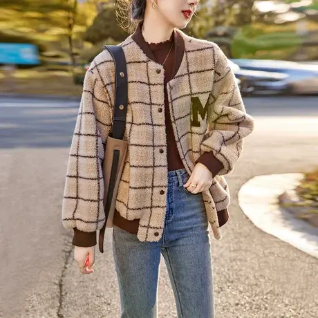 时尚气质格纹皮草外套2022年冬季新款淑女温柔宽松显瘦通勤上衣商品大图