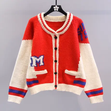 字母拼色毛衣外套女秋冬2023年新款宽松慵懒风高级感红色针织开衫图片