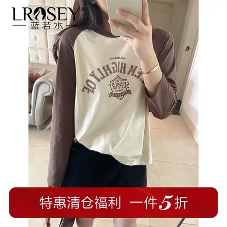 蓝若水大码胖MM撞色插肩袖印花T恤春季新款显瘦美式打底衫上衣ins图片