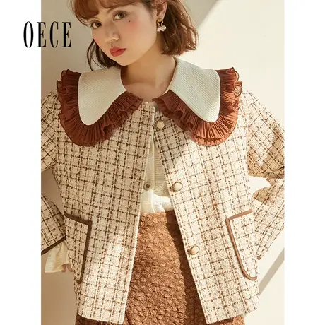 Oece早秋短款外套年春装新款女复古格子气质上衣小个子图片