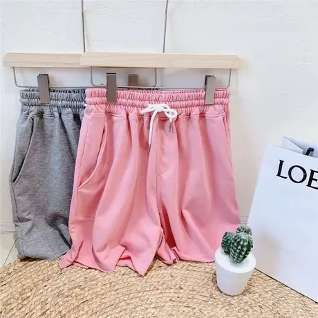 卷毛边2021夏季新款宽松大码松紧腰纯色百搭洋气韩国运动阔腿短裤图片