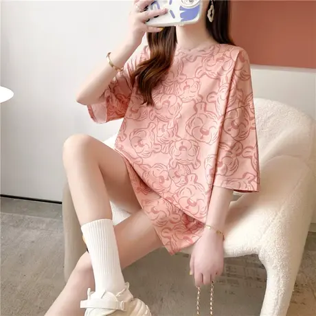 2023年新款老虎短袖T恤女ins国潮辣妹粉色情侣装oversize爆款上衣商品大图