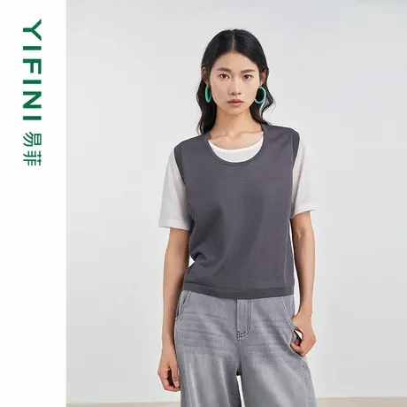 [专柜同款]Yifini/易菲假两件撞色简约圆领宽松针织衫女D04M1005商品大图