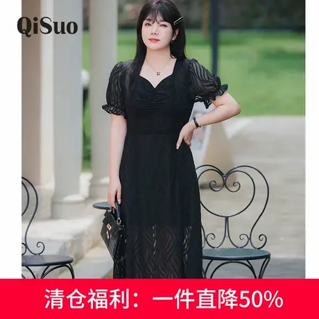 显瘦大码胖MM连衣裙夏装新款气质V领设计感雪纺黑色长裙收腰a字版商品大图