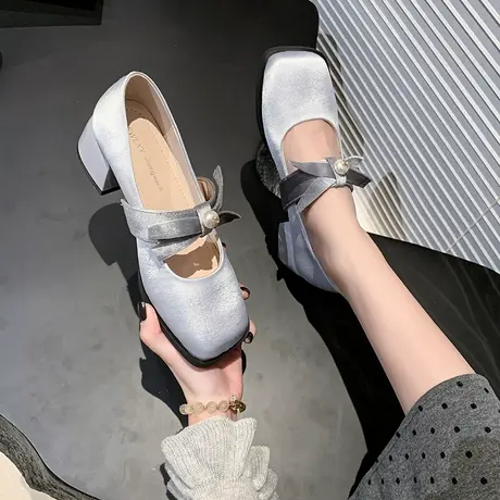 法式珍珠玛丽珍鞋女2025春季新款温柔粗跟小个子单鞋增高方头鞋子图片
