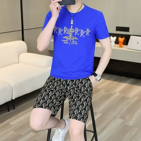 2025夏季新款男士冰丝套装短袖T恤短裤两件套加大码速干无痕男装图片