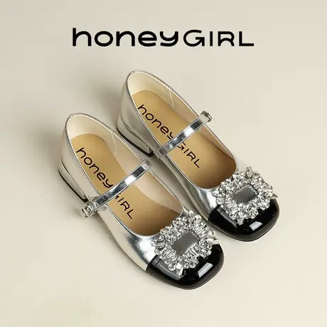 honeyGIRL水钻方扣玛丽珍女鞋2025新款粗跟一字带配裙子方头单鞋商品大图