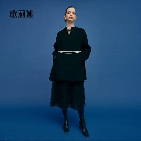 歌莉娅冬季新款高级感天丝羊毛双面呢中长款黑色外套女1ACR6E170图片