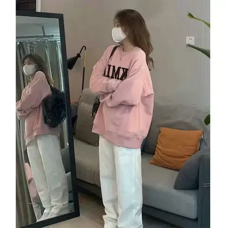 秋冬加绒加厚粉色卫衣女圆领设计感oversize宽松潮牌ins大码上衣图片